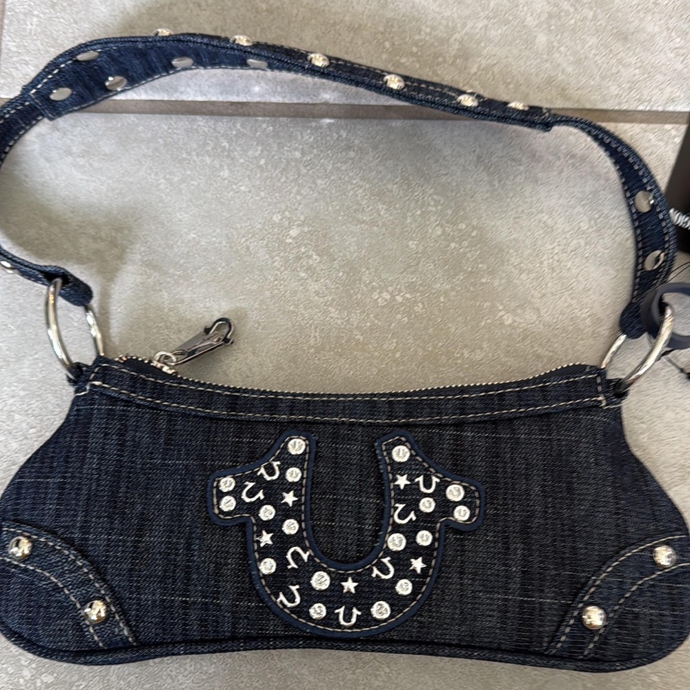 BRAND NEW WITH TAG - TRUE RELIGION Denim Studded Mini Shoulder Bag - Dark Blue